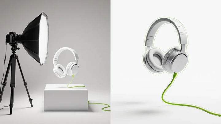 The same white headphones photographed on a set on the left and rendered in CGI on the right