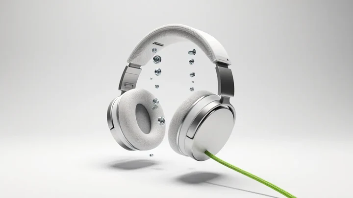 Headphones floating apart in an exploded view in a bright white studio