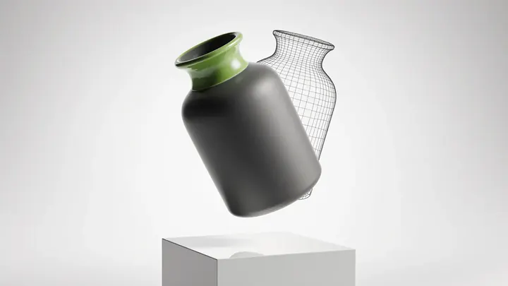 A graphite vase with a lime green neck floating above a white plinth, its wireframe mesh behind it
