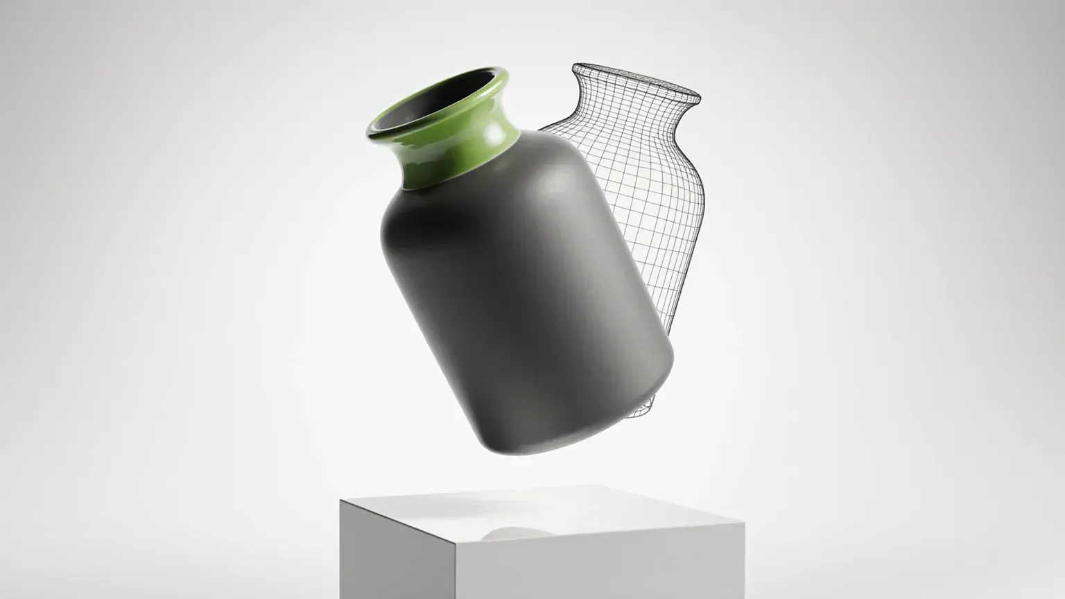 A graphite vase with a lime green neck floating above a white plinth, its wireframe mesh behind it