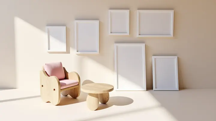 Toy-like wooden kids' chair and table beside empty frames in four ad proportions