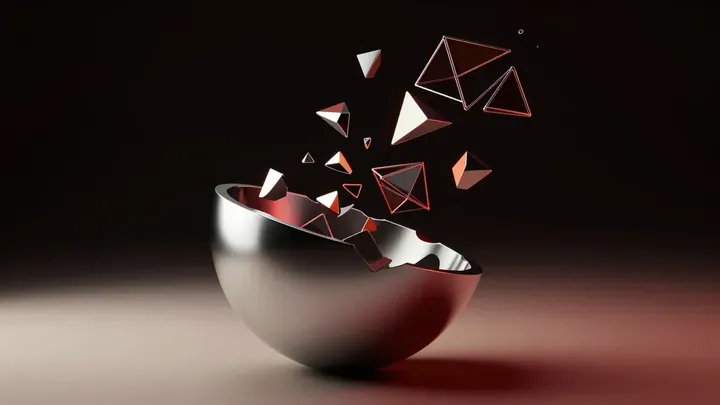 A half-formed chrome object assembling itself from floating fragments above a dark surface, suggesting a 3D form being generated