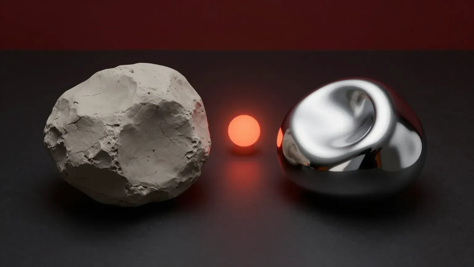 A rough generated 3D form on the left and the same form refined into polished chrome on the right