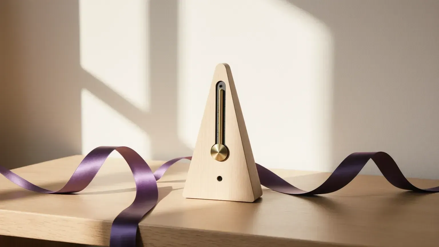 A wooden metronome and a violet ribbon on a sunlit shelf, standing for timing and motion
