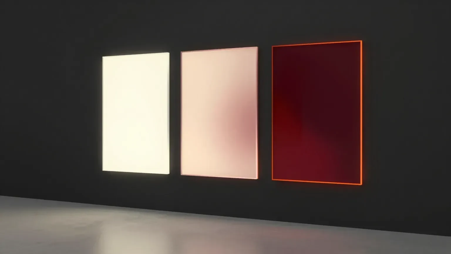 Three glass panels floating in a dark gallery, one edged in coral light