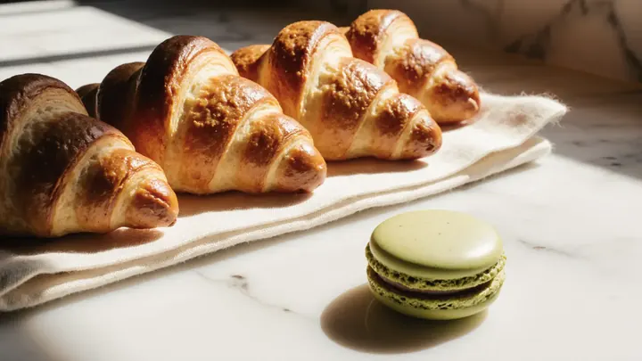 Freshly baked croissants on linen and a pistachio macaron on a marble counter in morning light