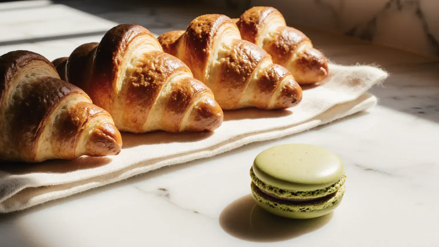 Freshly baked croissants on linen and a pistachio macaron on a marble counter in morning light