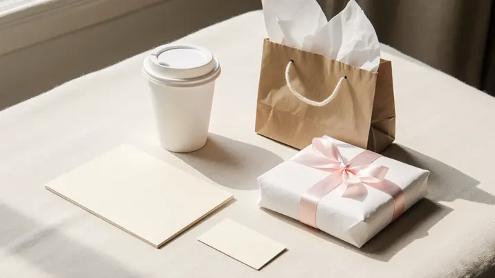 Flat-lay of blank business cards, a kraft bag, a cup and colour swatches with one violet chip