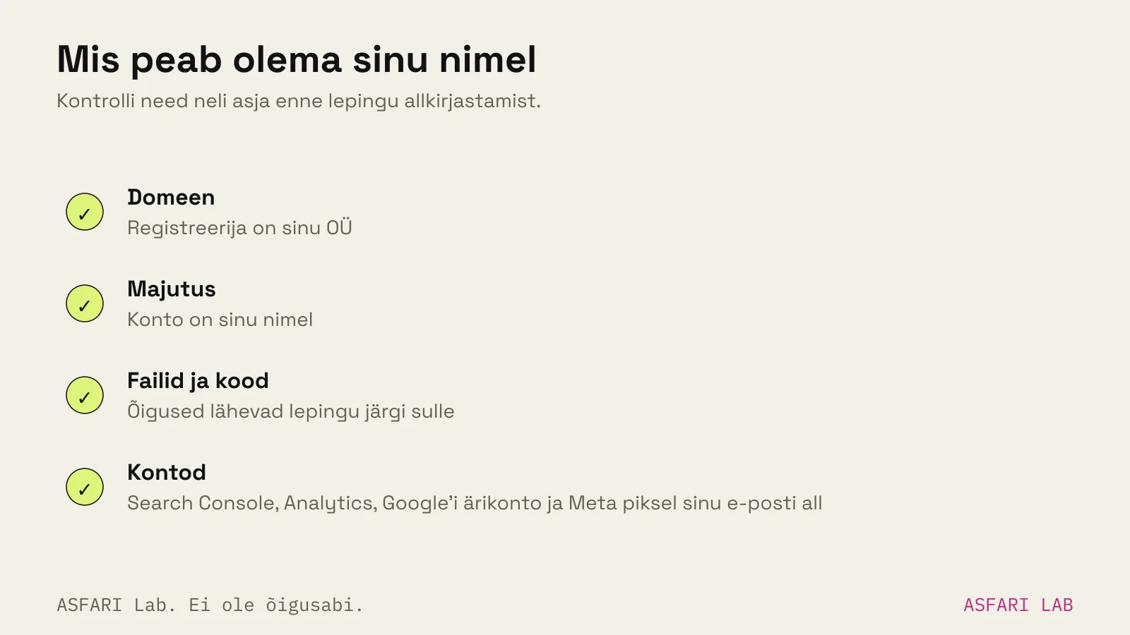Omandiõiguse kontrollnimekiri neljas reas: domeen on registreeritud sinu OÜ nimele, majutuse konto on sinu nimel, failide ja koodi õigused on lepingus sinu omad, kontod (Search Console, Analytics, Google'i ärikonto, Meta piksel) on sinu e-posti all.