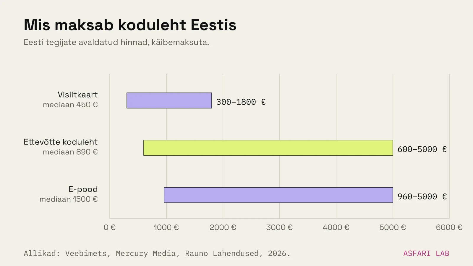 Hinnavahemikud eurodes kolme lehetüübi kohta Eesti tegijate järgi: visiitkaart 300–1800 €, ettevõtte koduleht 600–5000 €, e-pood 960–5000 €.