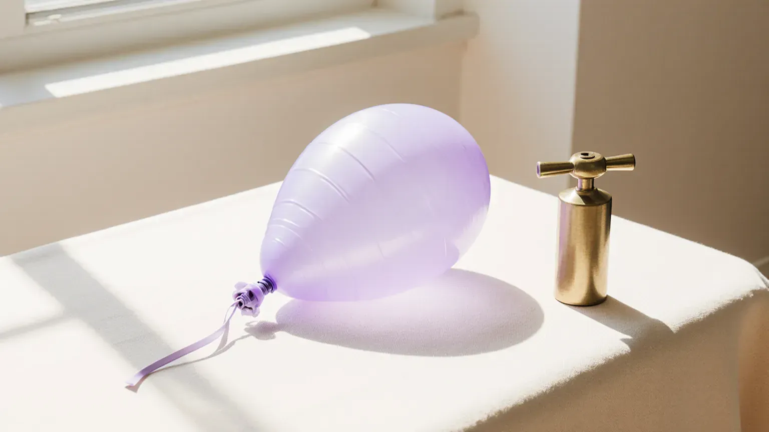 A soft violet balloon lying on a sunny linen table beside a small brass pump, a metaphor for ads that need more air