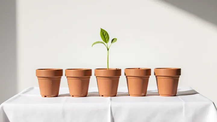 Seven terracotta pots with seedlings growing taller from left to right, the last with a lime leaf