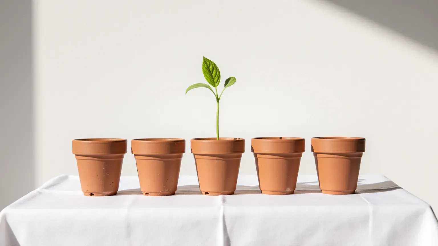 Seven terracotta pots with seedlings growing taller from left to right, the last with a lime leaf