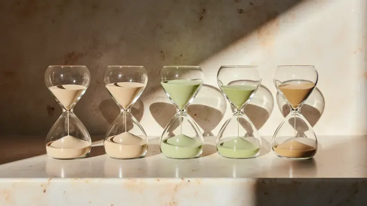 Five hourglasses on a sunlit stone shelf, two filled with soft green sand