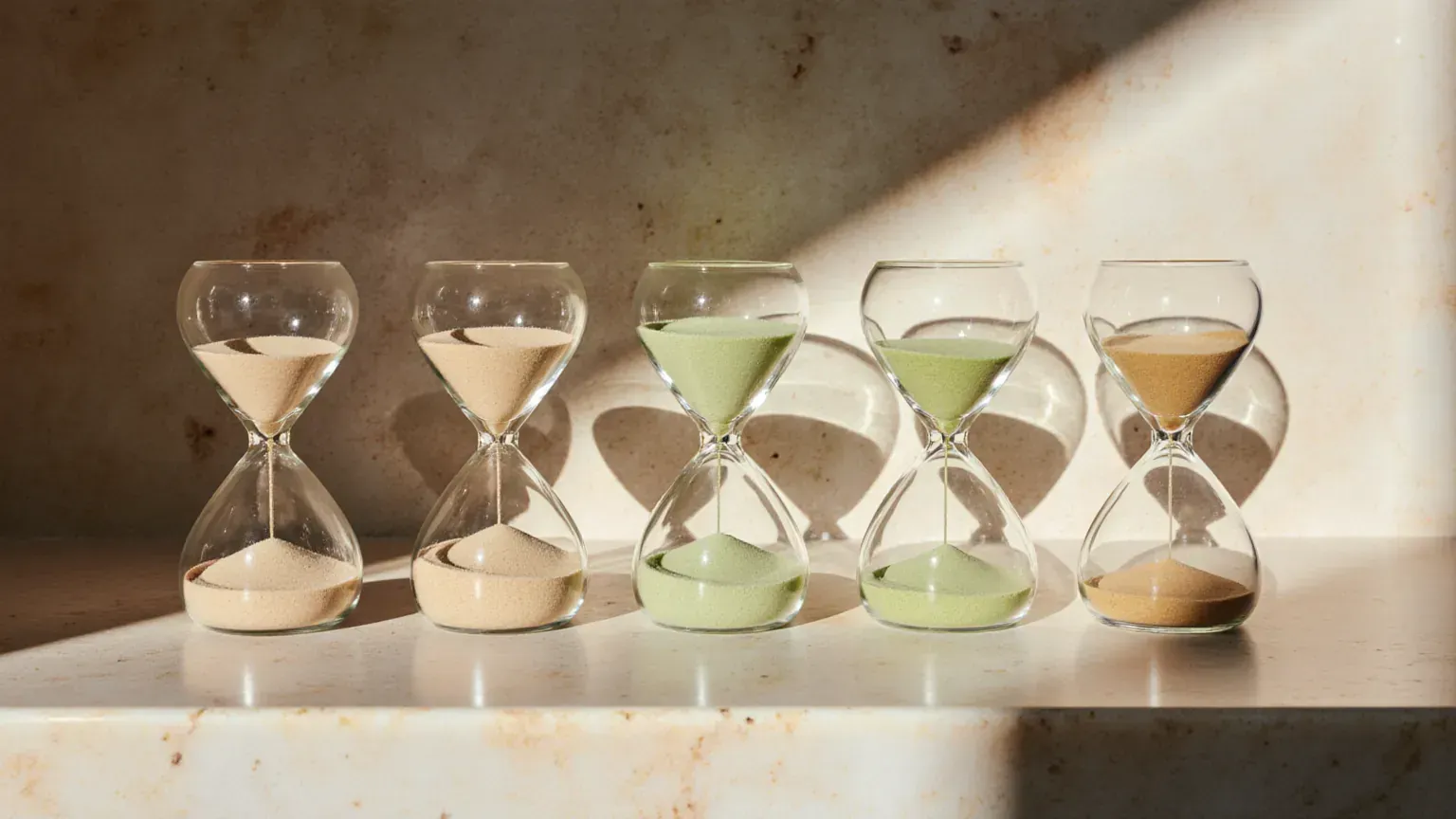 Five hourglasses on a sunlit stone shelf, two filled with soft green sand