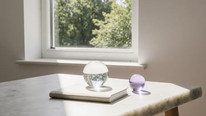 A glass sphere holding a constellation of tiny lights beside a violet glass paperweight on a sunny stone desk