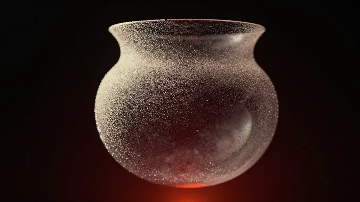 A cloud of fine chrome particles gathering into the shape of an object in a dark, hazy space under a coral light