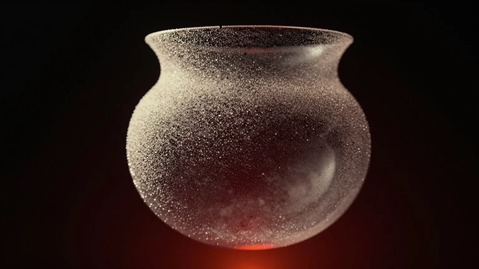 A cloud of fine chrome particles gathering into the shape of an object in a dark, hazy space under a coral light