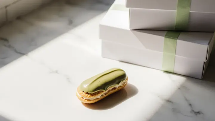 A pistachio éclair on marble next to plain pastry boxes with a lime ribbon, for a one-offer landing page