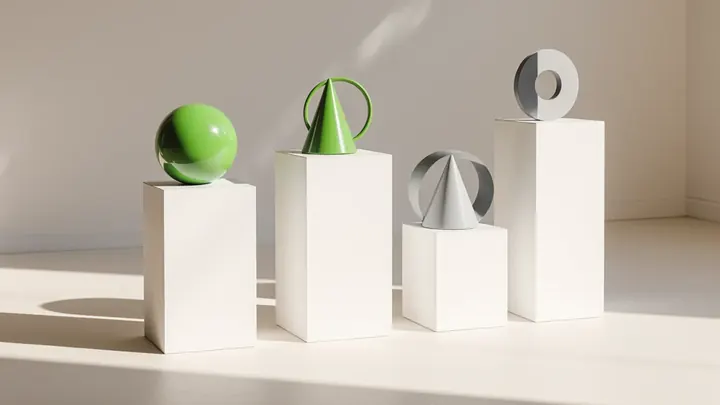White plinths of different heights holding simple geometric shapes in green and grey, suggesting logo price tiers