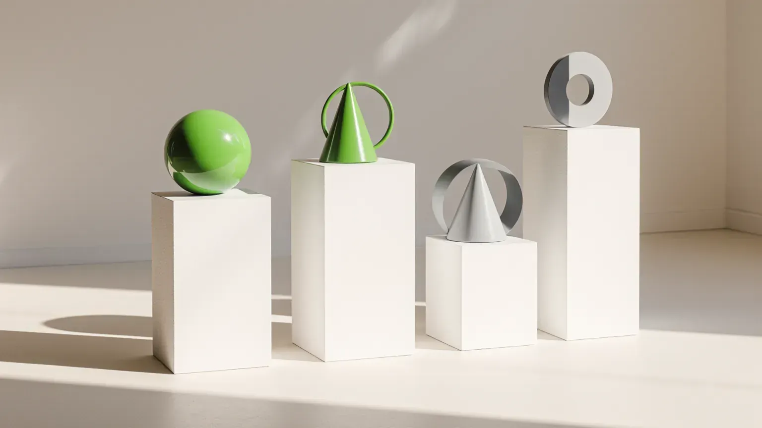 White plinths of different heights holding simple geometric shapes in green and grey, suggesting logo price tiers