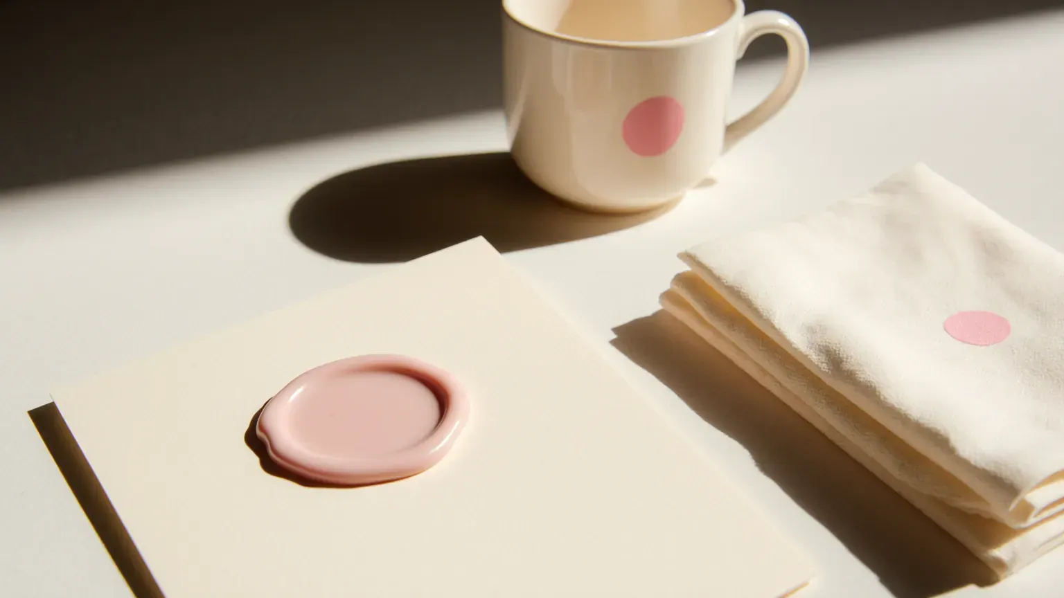 A single embossed circle on paper beside a set of matching blank brand items tied with pink ribbon