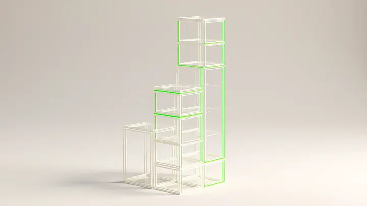 Rising columns of stacked wireframe cubes, the tallest outlined in lime, standing for online shop price tiers
