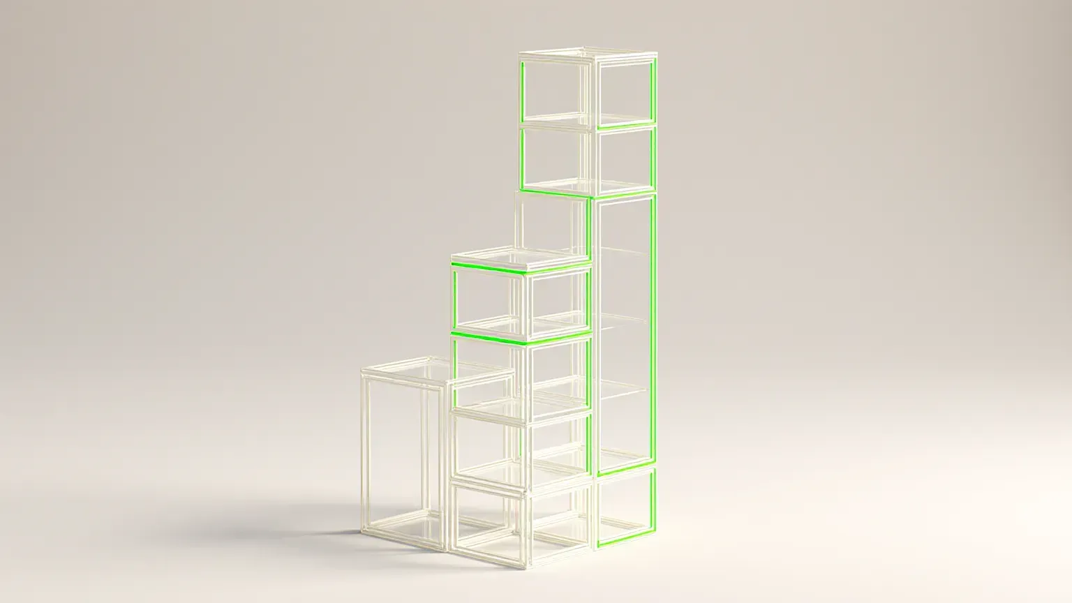 Rising columns of stacked wireframe cubes, the tallest outlined in lime, standing for online shop price tiers