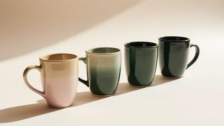 Five ceramic mugs in graded colours on a white sweep, one glazed pink