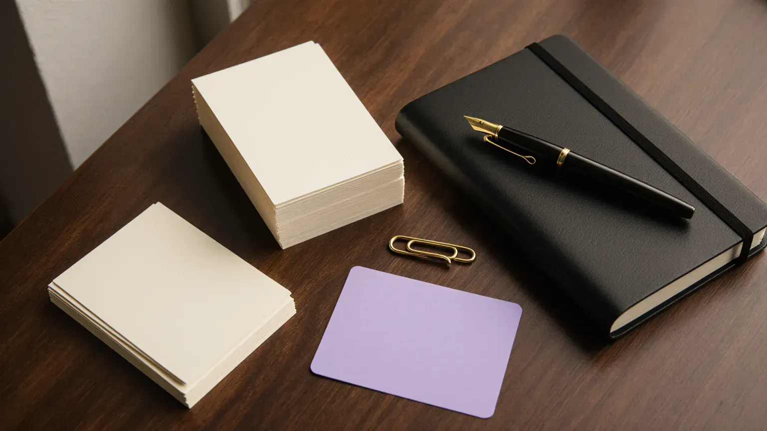 Blank index cards, notebook and fountain pen arranged on a walnut desk