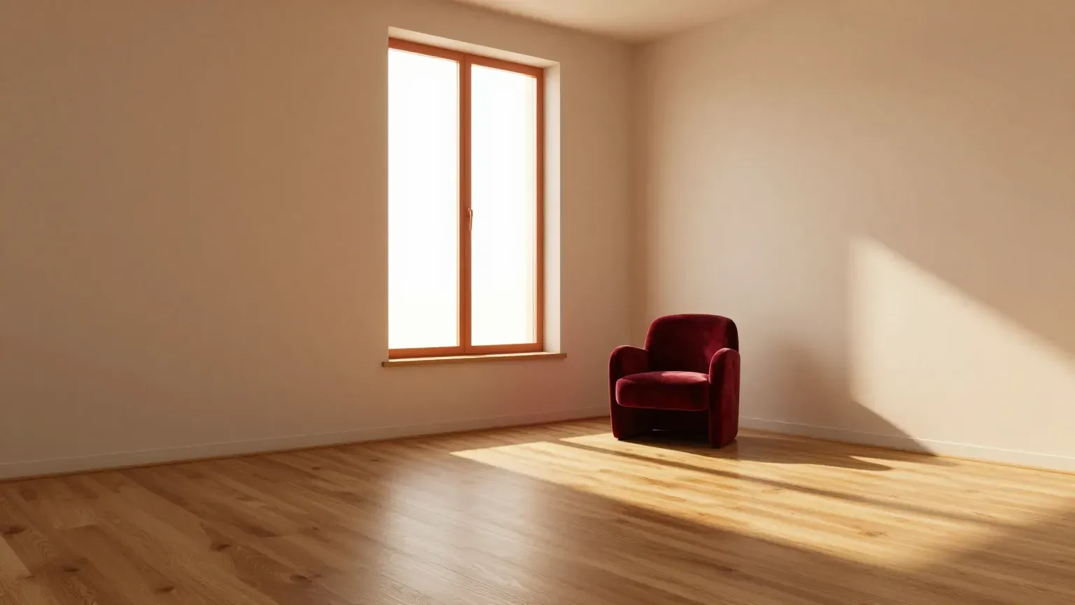A visualised apartment interior at golden hour with sunlight raking across an oak floor