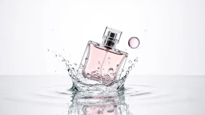 A glass perfume bottle frozen mid-splash as it lands in clear liquid