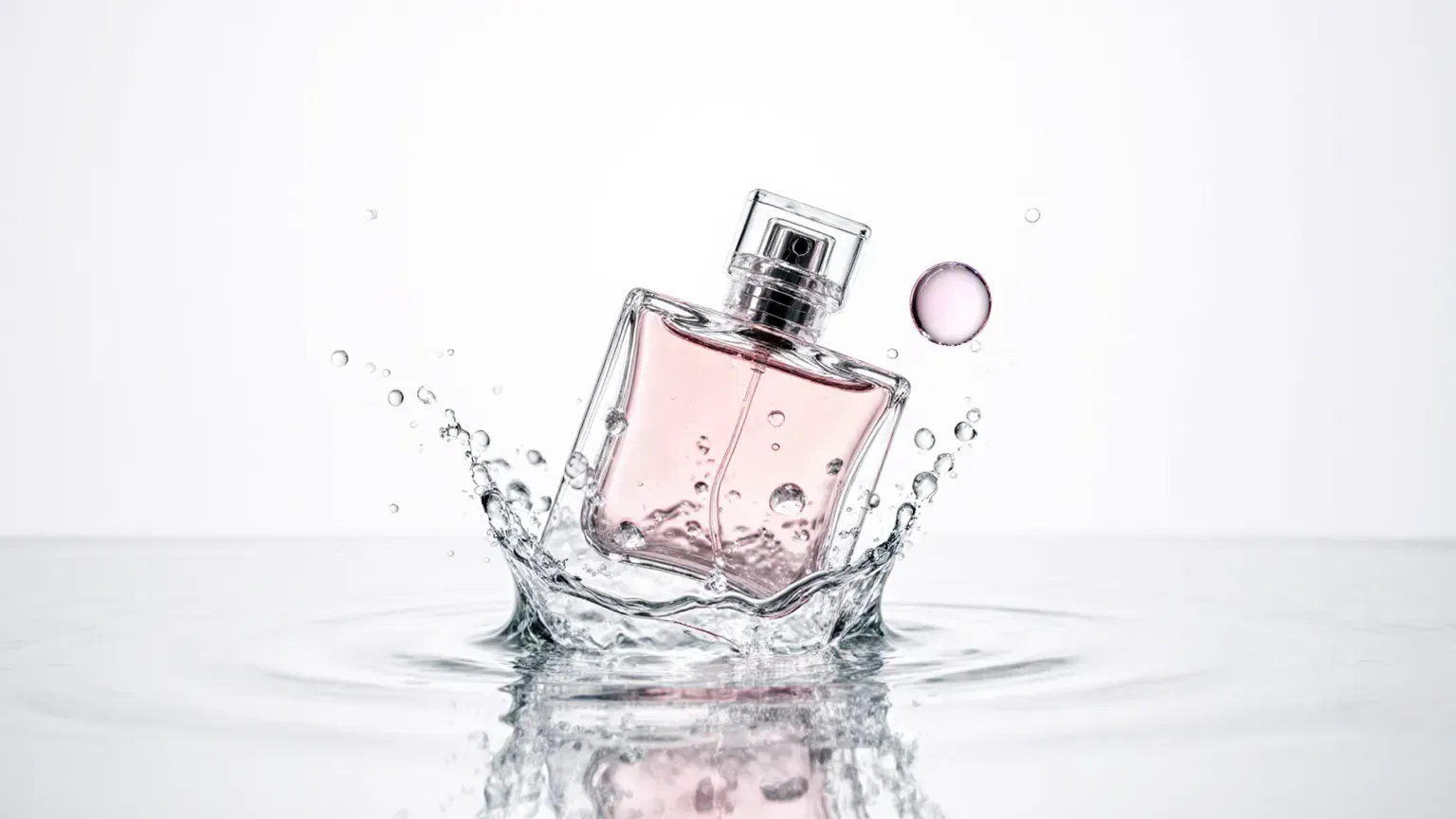 A glass perfume bottle frozen mid-splash as it lands in clear liquid
