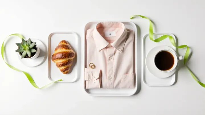 Small-business objects from a bakery, jewellery shop, clothing brand and property agent laid out in a vertical grid on an oak table