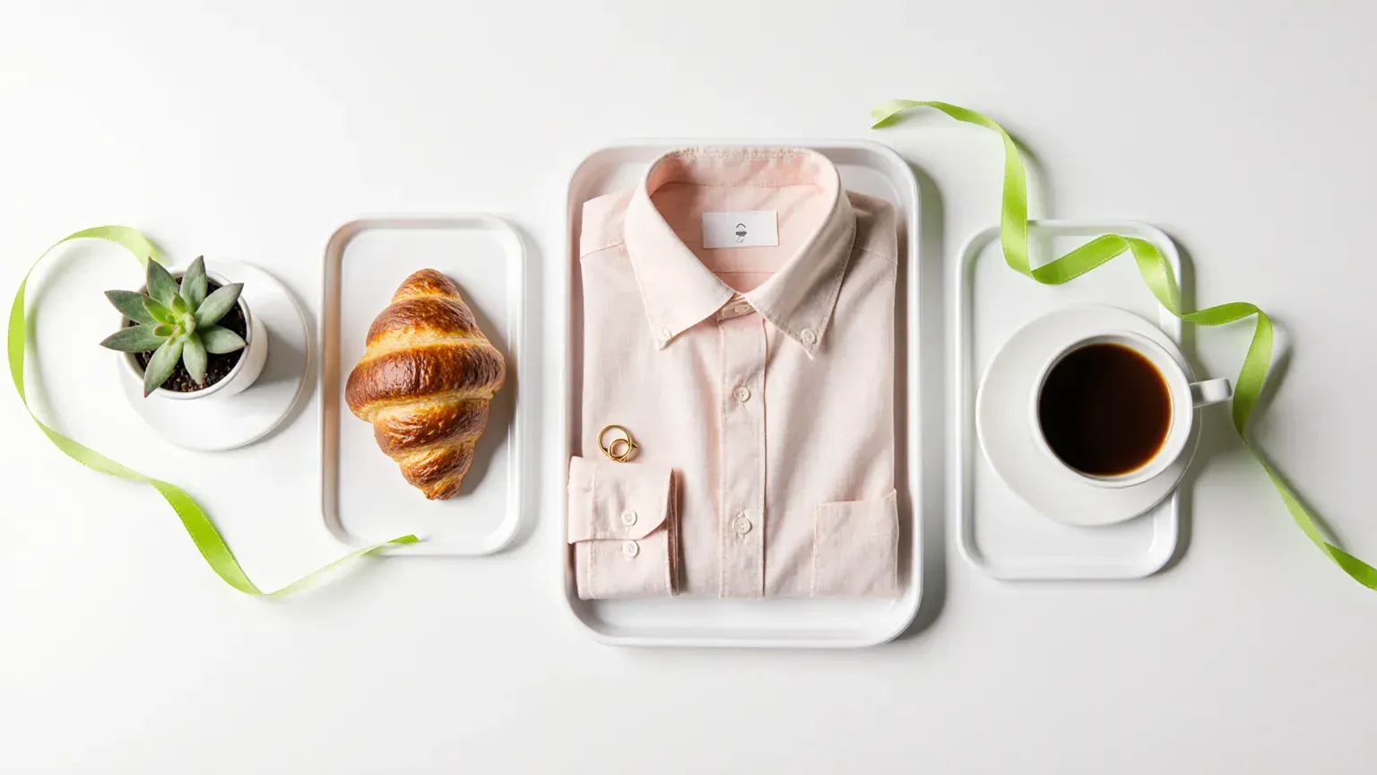 Small-business objects from a bakery, jewellery shop, clothing brand and property agent laid out in a vertical grid on an oak table