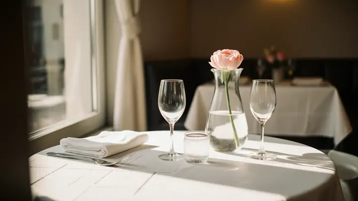 An empty restaurant set for evening service with golden light through tall windows