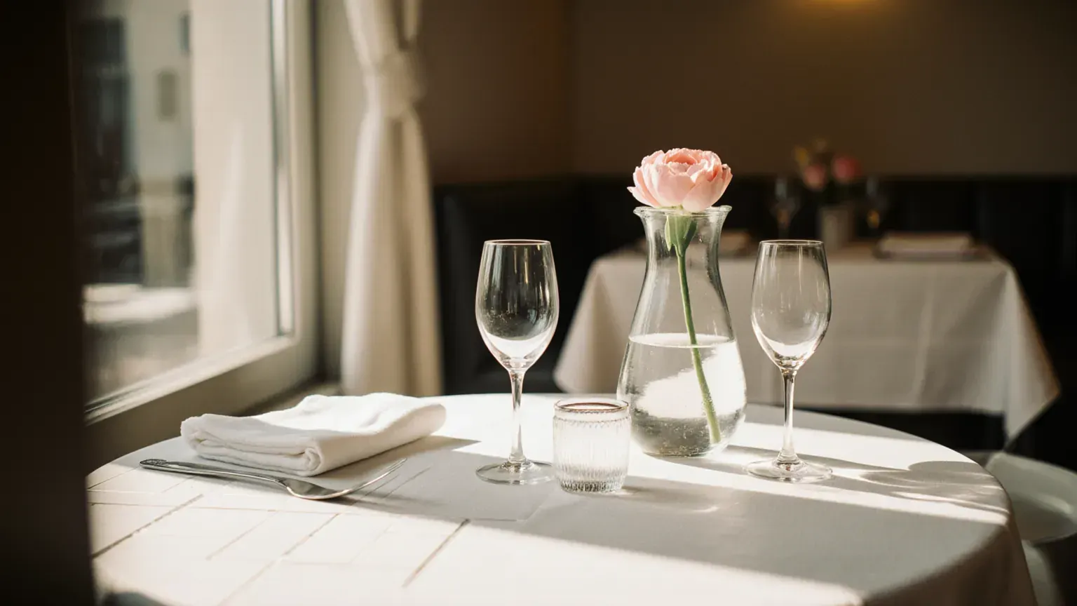 An empty restaurant set for evening service with golden light through tall windows