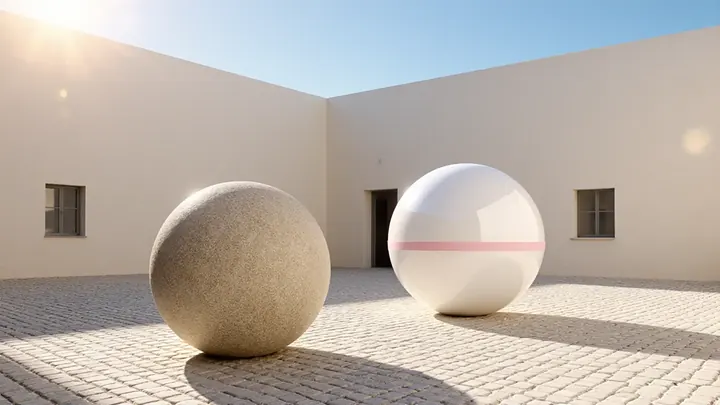 Two giant spheres in a sunny cobbled courtyard, one matte stone and one glossy white with a pink band