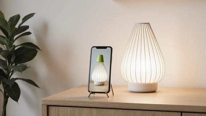 A phone propped on a sideboard showing a lamp, and the same lamp appearing beside it as a thin 3D wireframe