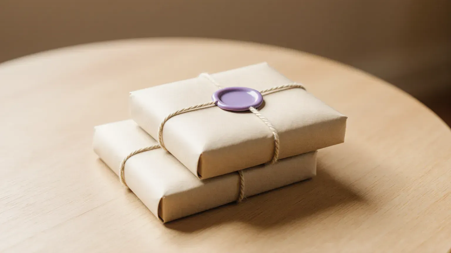 Two paper-wrapped parcels tied with string on an oak table, the top one sealed with violet wax