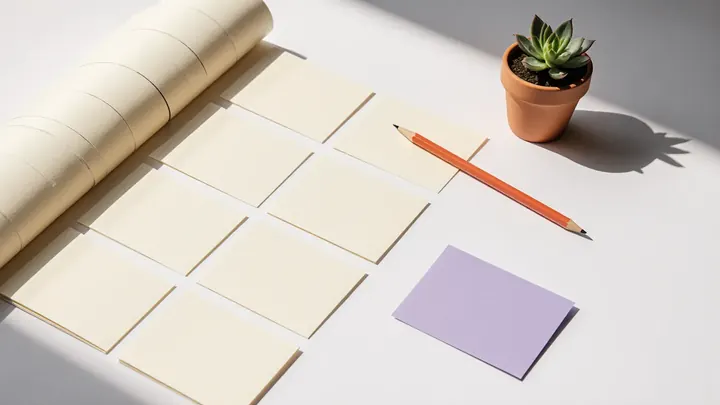 Cream paper with five blank tabs, one lime tab folded, on a pale oak desk in morning light