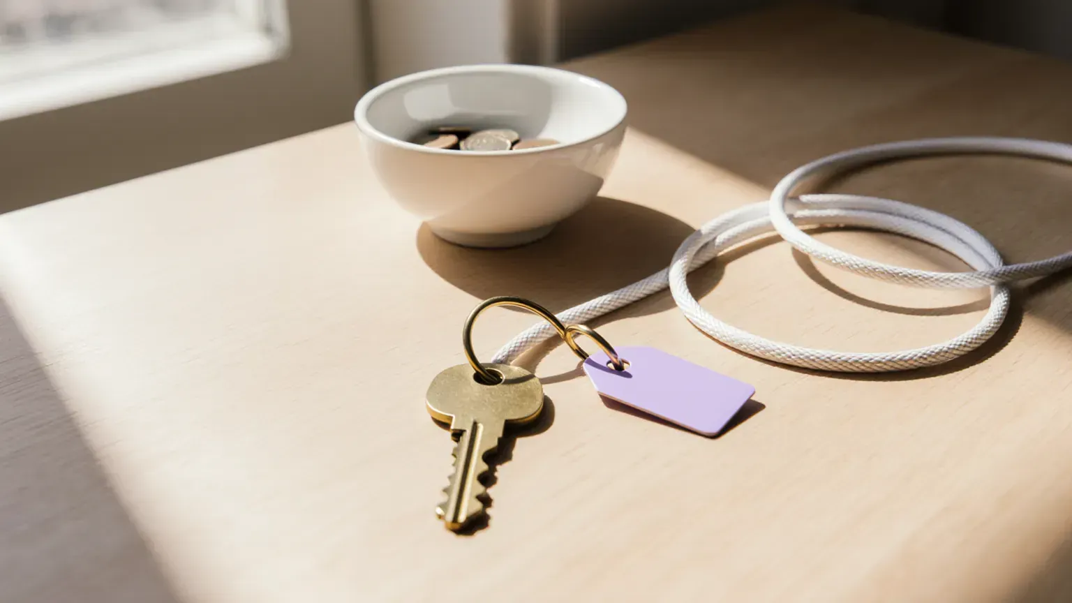 Still life of a key, cable and coins on an oak desk with a violet tag, for website running costs