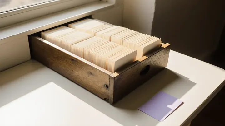 An open card-index drawer full of blank cards, with one violet card left outside it, like a page missing from Google's index