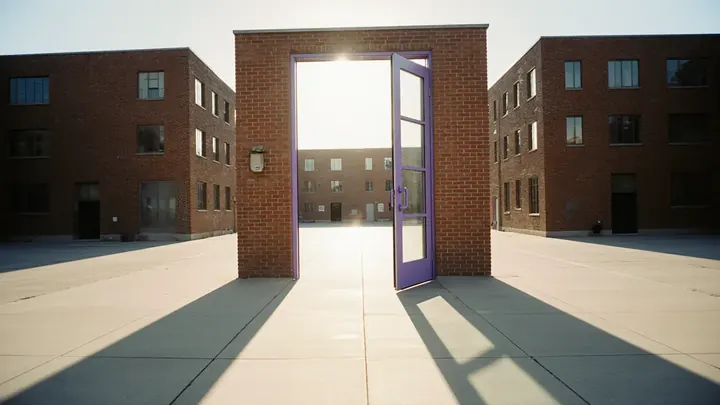 A tall open violet-framed glass door in a brick gateway on an empty sunlit plaza