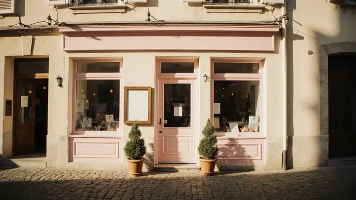 A small old-town shopfront with a blank new signboard and a freshly painted pink door frame
