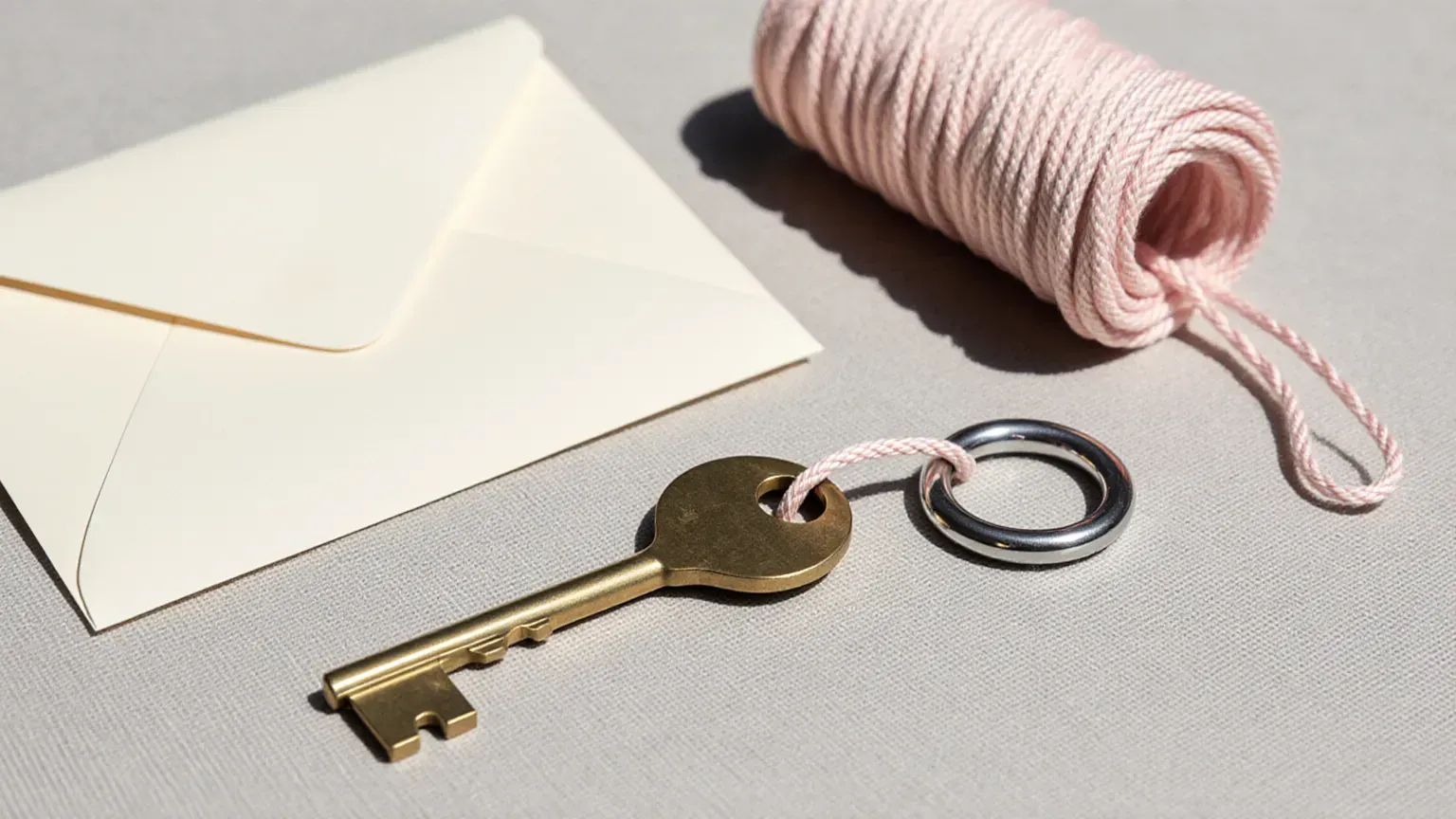 A brass key, small padlock and envelope on linen in morning light