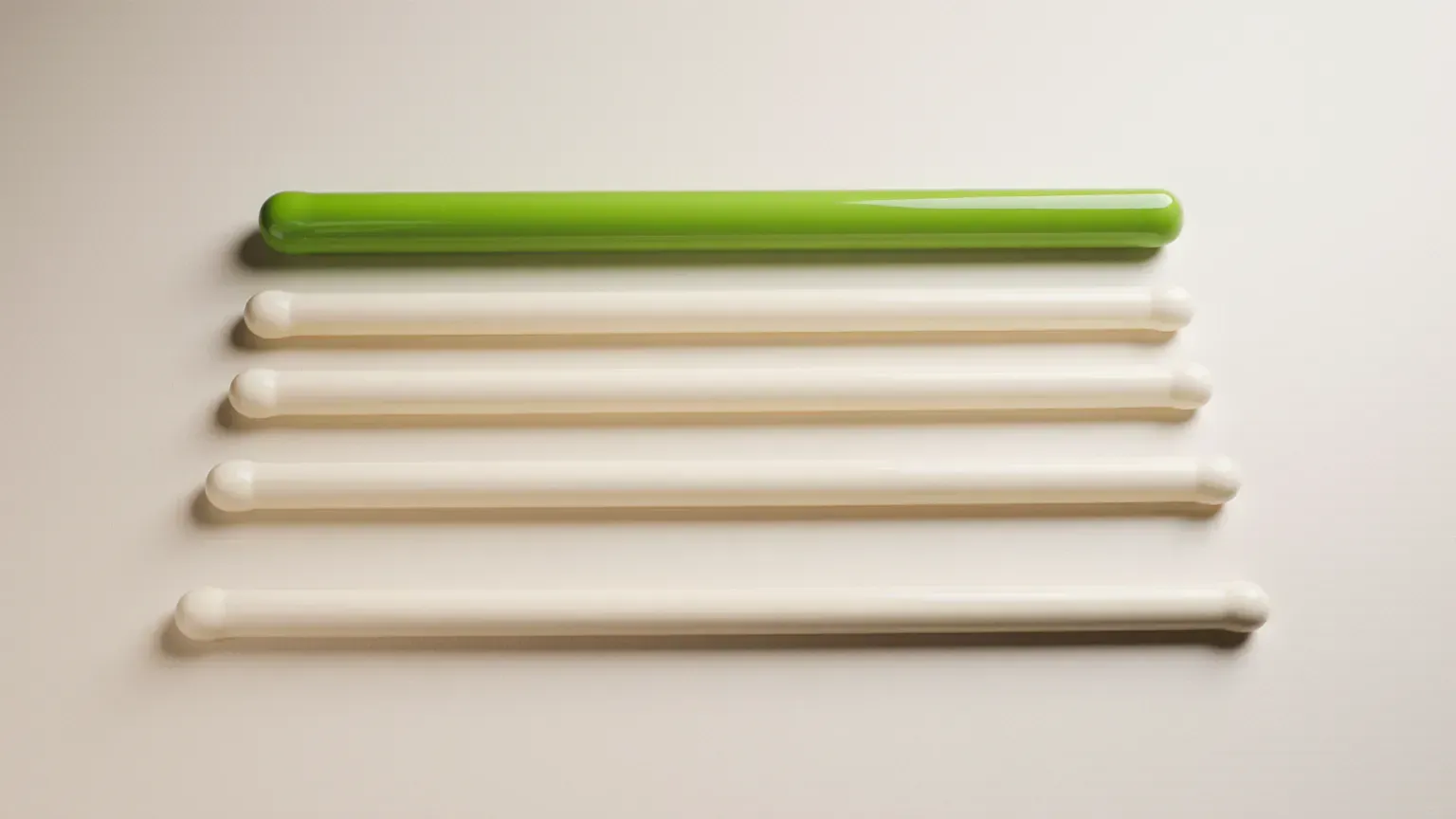 Five rounded rods laid out like a horizontal bar chart, the top one in glossy lime green