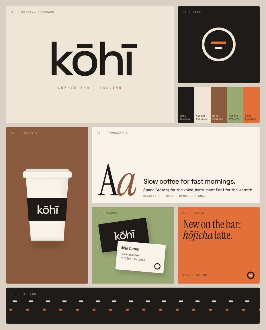 Kōhī brand board: wordmark, mark, colour palette, takeaway cup, typography, business cards, social post and pattern
