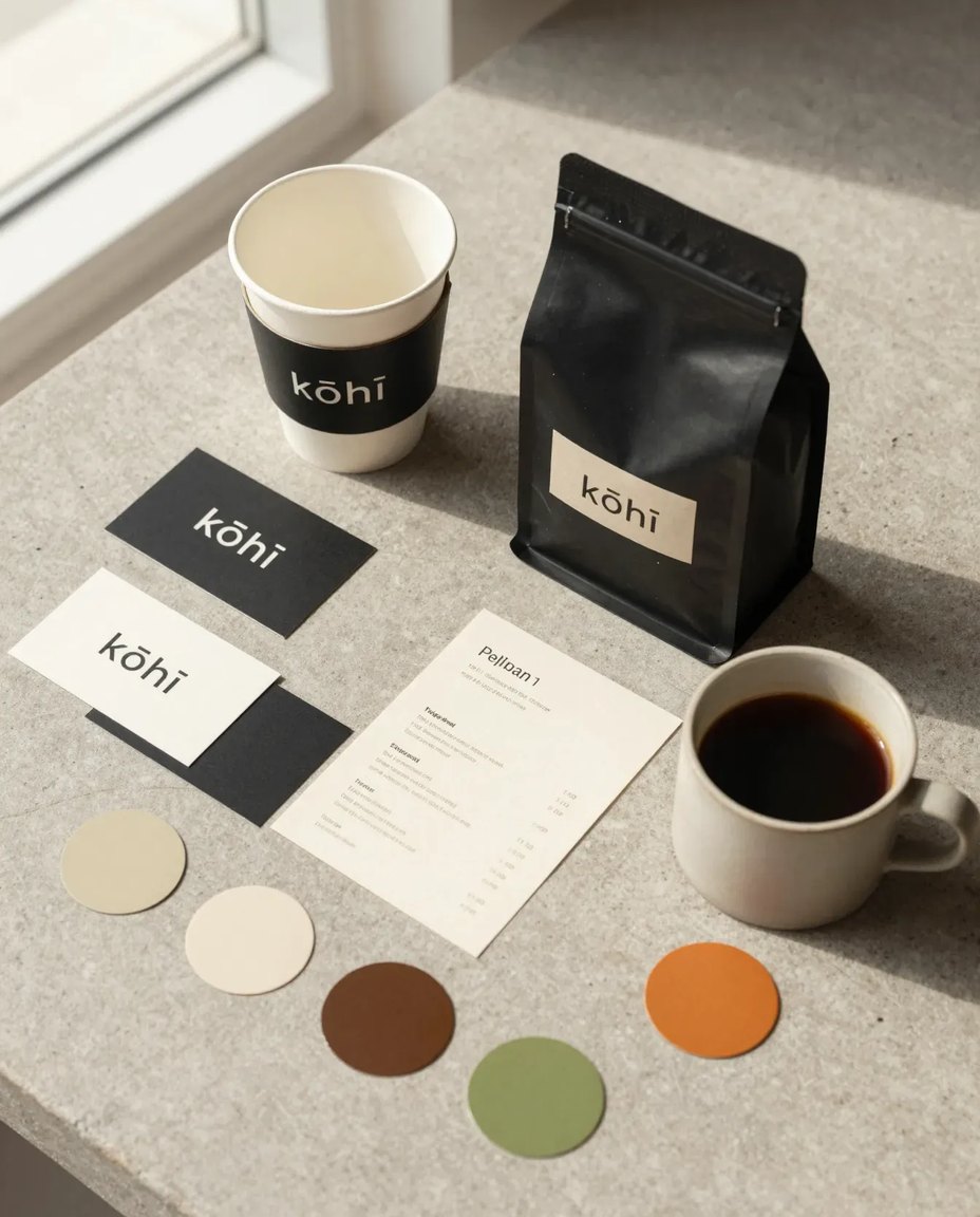 Example brand identity for Kōhī, an imagined Tallinn coffee bar: logo on a takeaway cup, coffee bag and business cards, with colour swatches and a cup of coffee