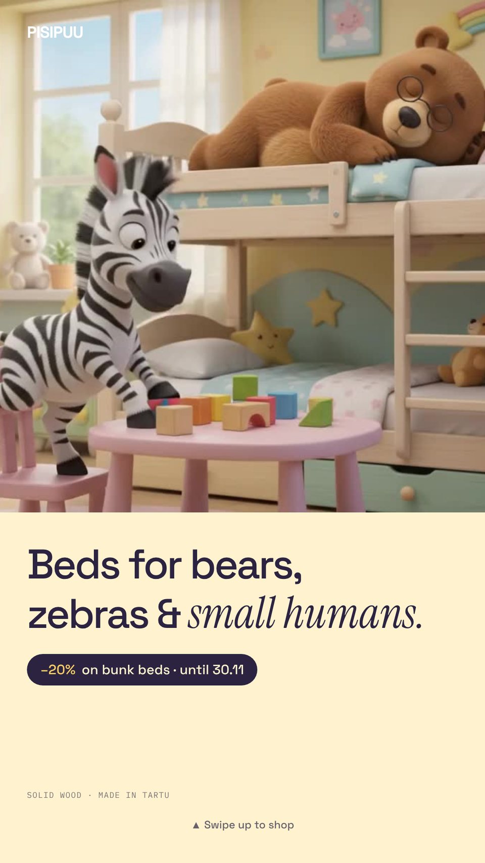 Instagram story: beds for bears, zebras and small humans, –20% on bunk beds